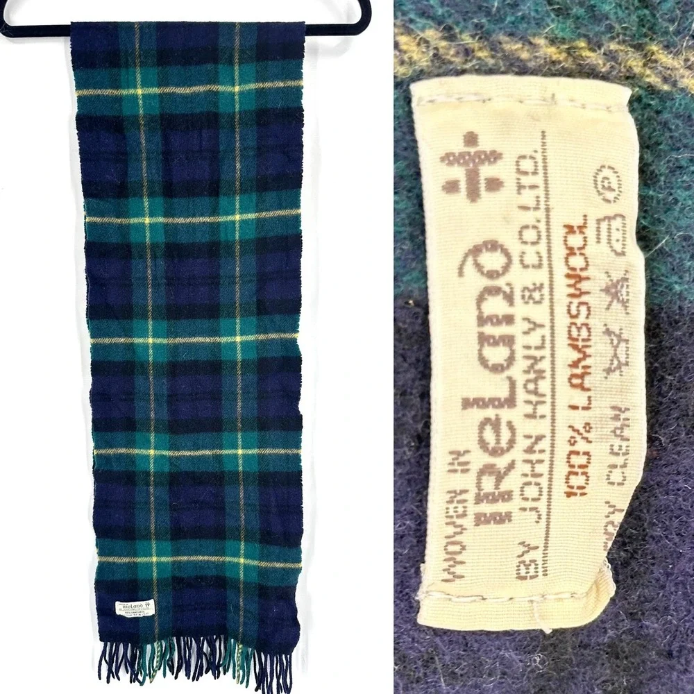 Vintage‎ Ireland lambswool Winter Scarf Tartan Plaid Blue Green Yellow Men